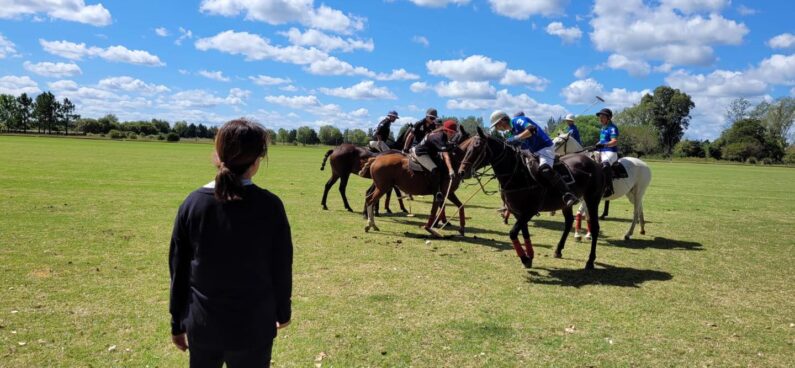 A young woman standing by the side lines of a polo match pitch, watching the game closely. It is a sunny day, the skies are blue and the field is covered in green grass. In it, there are 2 teams chasing the polo ball, one is wearing blue polo shirts and the other one is wearing black polo shirts.